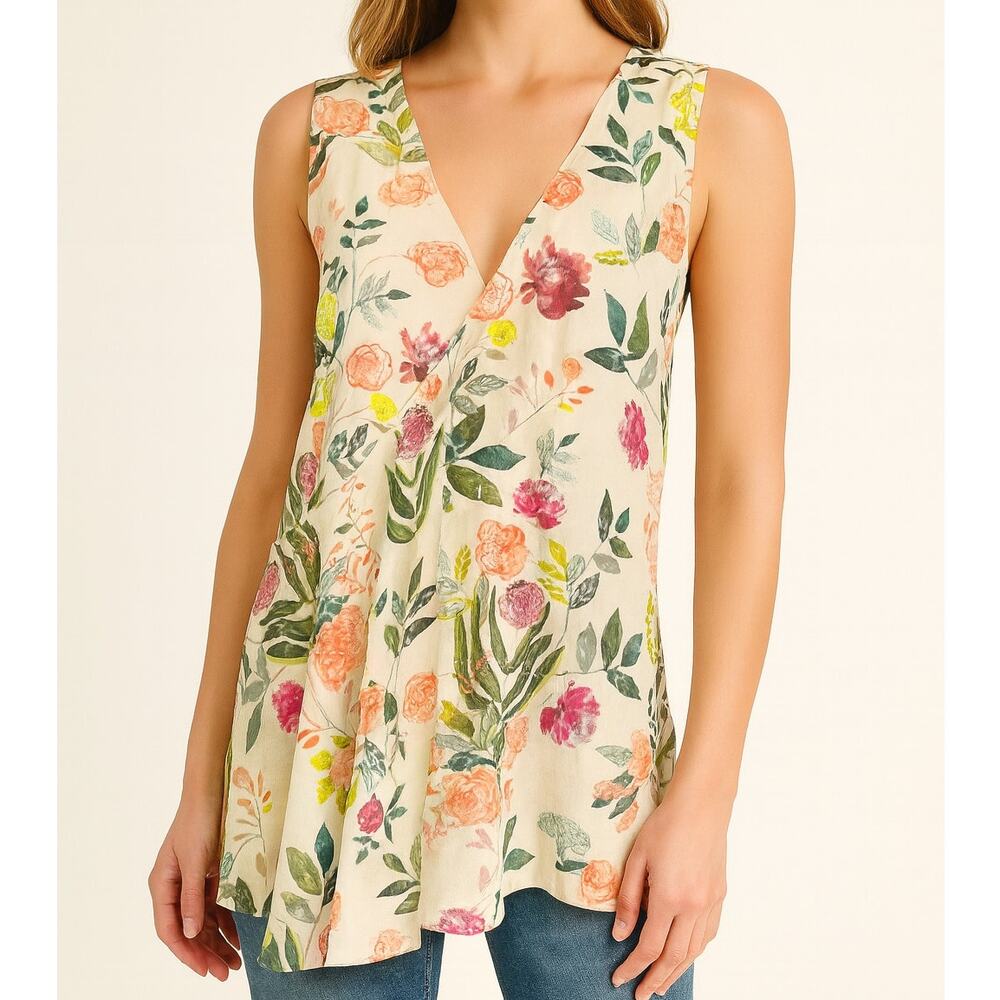 Theory Fluid Silk Floral Sleeveless V-Neck Ivory Top
